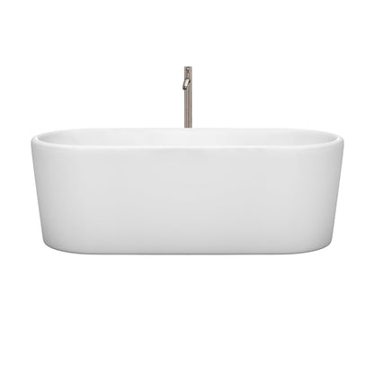 Wyndham Collection Ursula 67" Freestanding Bathtub in White With Floor Mounted Faucet, Drain and Overflow Trim in Brushed Nickel