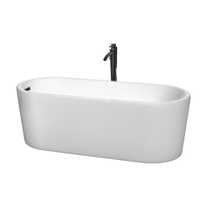 Wyndham Collection Ursula 67" Freestanding Bathtub in White With Floor Mounted Faucet, Drain and Overflow Trim in Matte Black