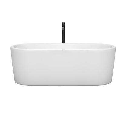 Wyndham Collection Ursula 67" Freestanding Bathtub in White With Floor Mounted Faucet, Drain and Overflow Trim in Matte Black