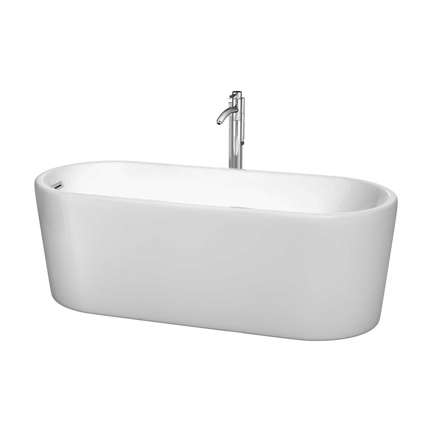 Wyndham Collection Ursula 67" Freestanding Bathtub in White With Floor Mounted Faucet, Drain and Overflow Trim in Polished Chrome