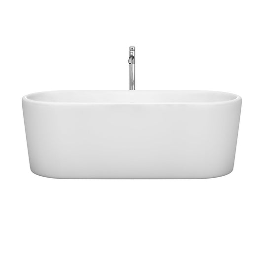 Wyndham Collection Ursula 67" Freestanding Bathtub in White With Floor Mounted Faucet, Drain and Overflow Trim in Polished Chrome