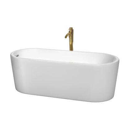Wyndham Collection Ursula 67" Freestanding Bathtub in White With Polished Chrome Trim and Floor Mounted Faucet in Brushed Gold