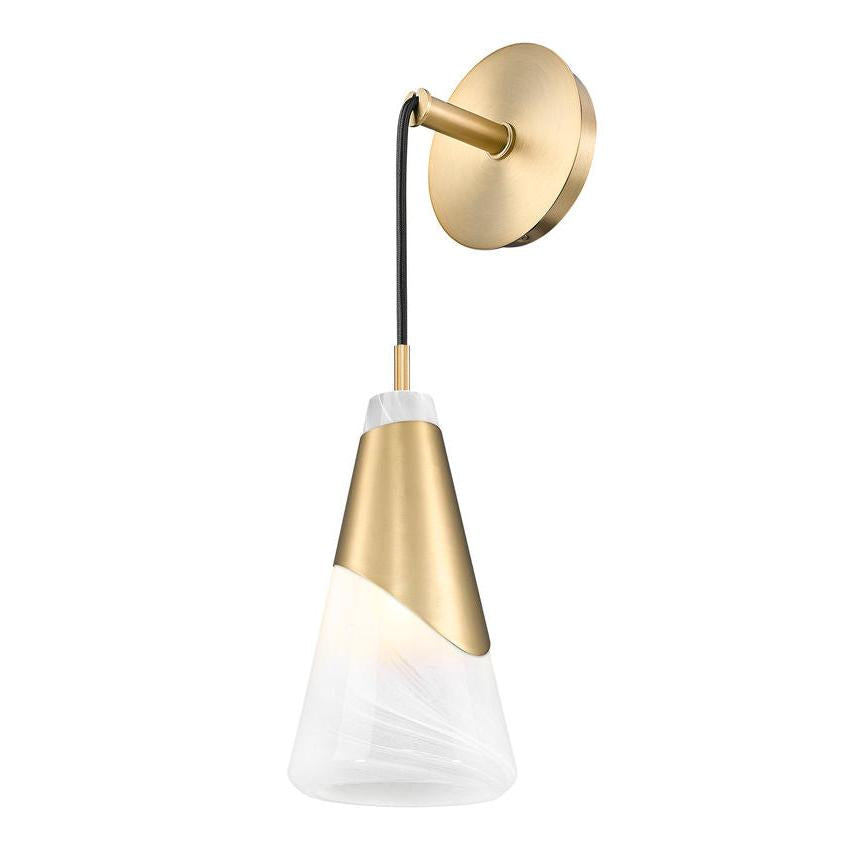 Z-Lite Aimie 1-Light Candelabra Bulb Base Modern Gold Steel Frame Feathered White Glass Shade Wall Sconce