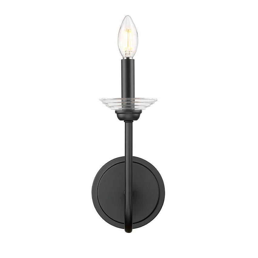 Z-Lite Allistair 1-Light Candelabra Bulb Base Matte Black Steel Frame Clear Ribbed Glass Shade Wall Sconce