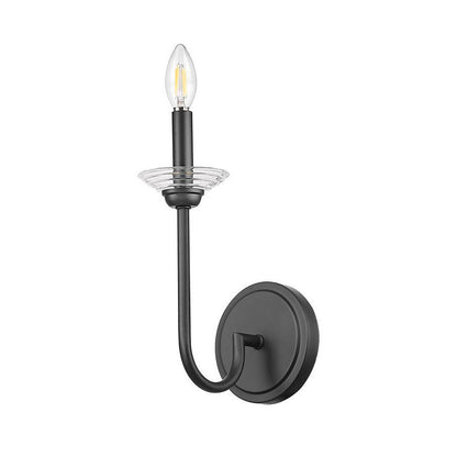 Z-Lite Allistair 1-Light Candelabra Bulb Base Matte Black Steel Frame Clear Ribbed Glass Shade Wall Sconce
