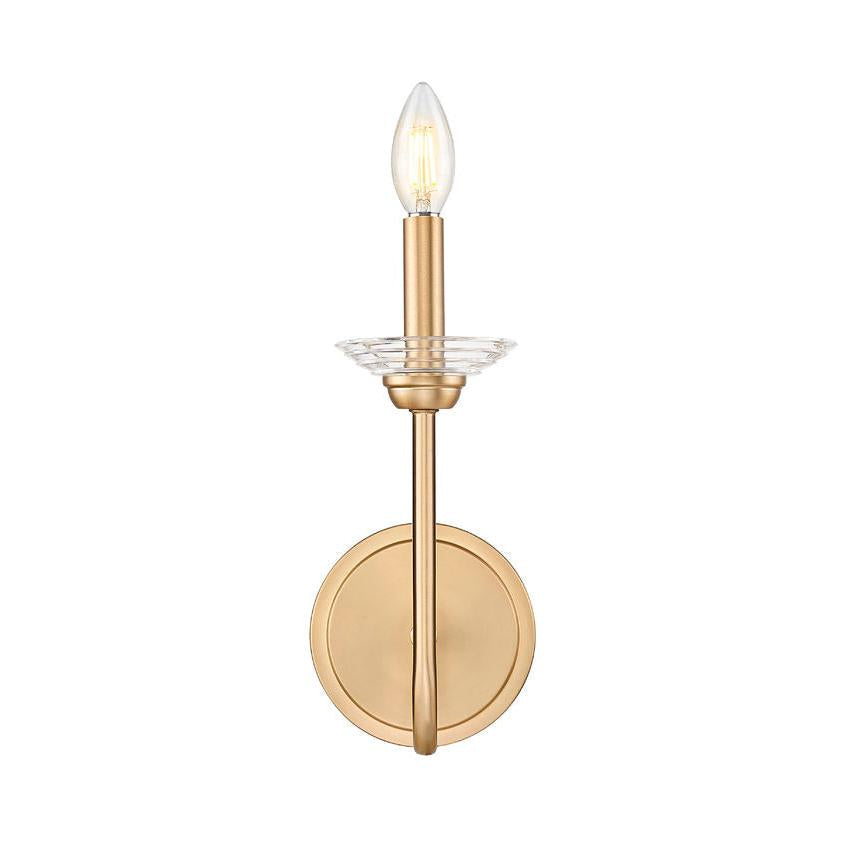 Z-Lite Allistair 1-Light Candelabra Bulb Base Modern Gold Steel Frame Clear Ribbed Glass Shade Wall Sconce