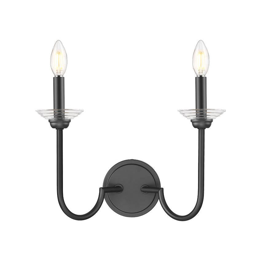 Z-Lite Allistair 2-Light Candelabra Bulb Base Matte Black Steel Frame Clear Ribbed Glass Shade Wall Sconce