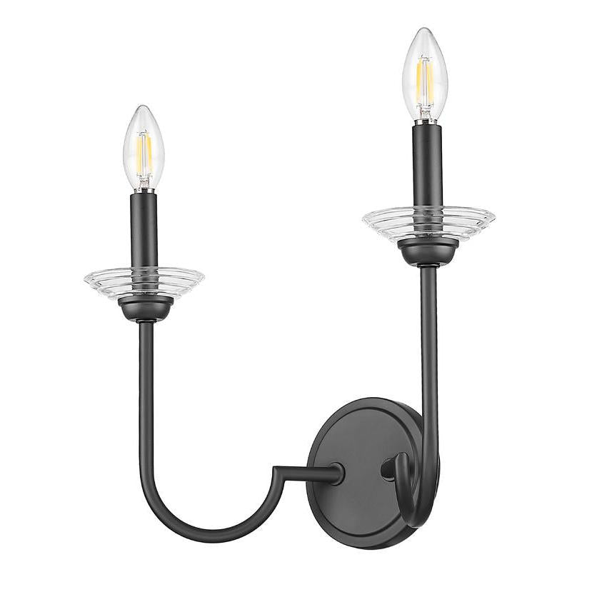 Z-Lite Allistair 2-Light Candelabra Bulb Base Matte Black Steel Frame Clear Ribbed Glass Shade Wall Sconce