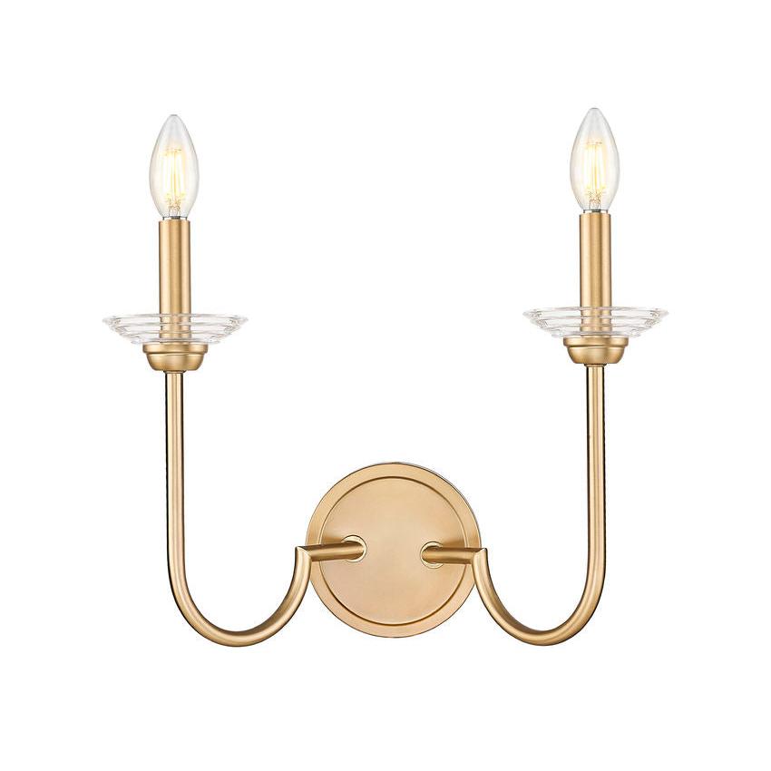 Z-Lite Allistair 2-Light Candelabra Bulb Base Modern Gold Steel Frame Clear Ribbed Glass Shade Wall Sconce