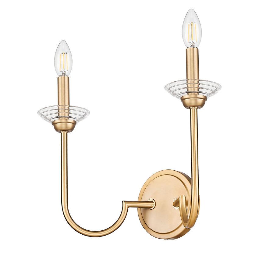 Z-Lite Allistair 2-Light Candelabra Bulb Base Modern Gold Steel Frame Clear Ribbed Glass Shade Wall Sconce