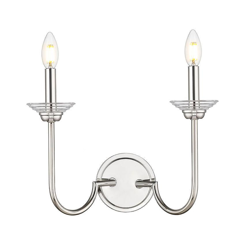 Z-Lite Allistair 2-Light Candelabra Bulb Base Polished Nickel Steel Frame Clear Ribbed Glass Shade Wall Sconce