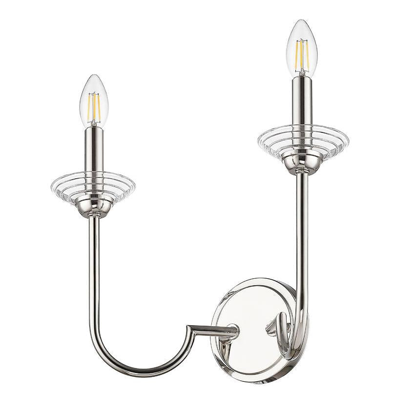 Z-Lite Allistair 2-Light Candelabra Bulb Base Polished Nickel Steel Frame Clear Ribbed Glass Shade Wall Sconce