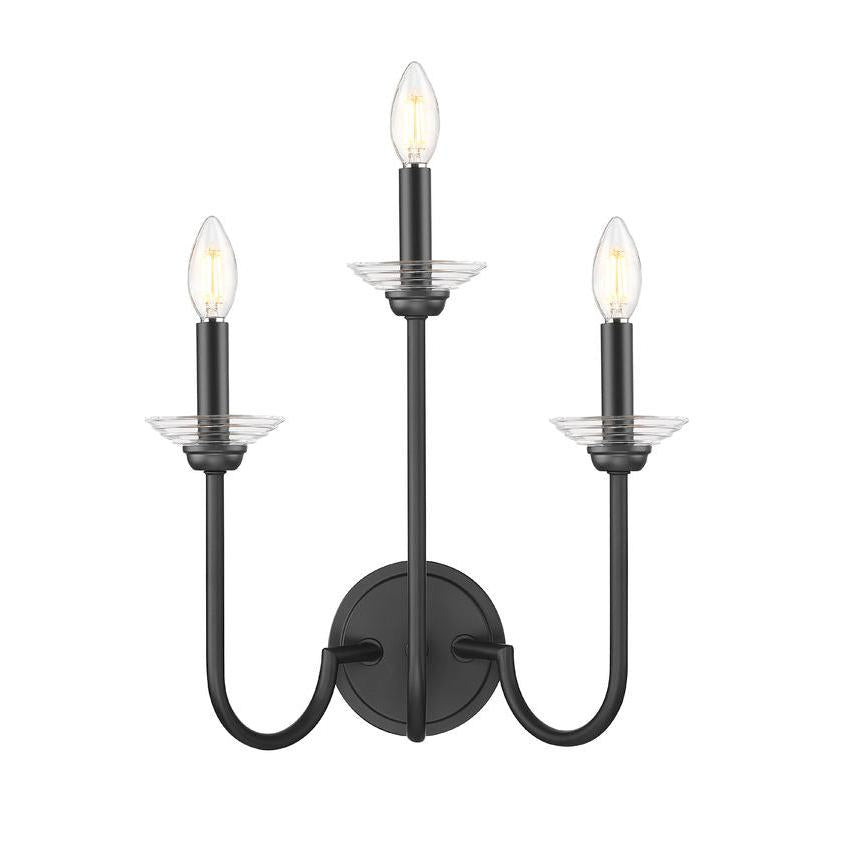 Z-Lite Allistair 3-Light Candelabra Bulb Base Matte Black Steel Frame Clear Ribbed Glass Shade Wall Sconce