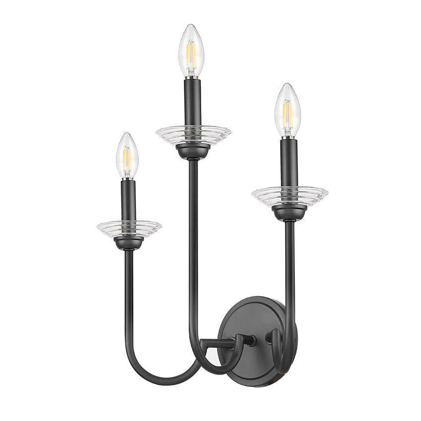 Z-Lite Allistair 3-Light Candelabra Bulb Base Matte Black Steel Frame Clear Ribbed Glass Shade Wall Sconce