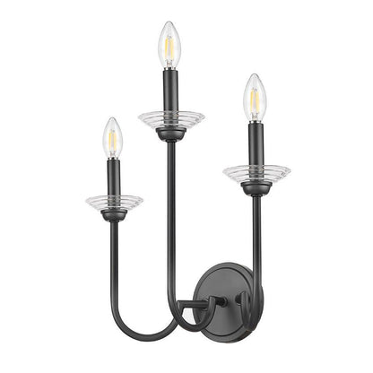 Z-Lite Allistair 3-Light Candelabra Bulb Base Matte Black Steel Frame Clear Ribbed Glass Shade Wall Sconce