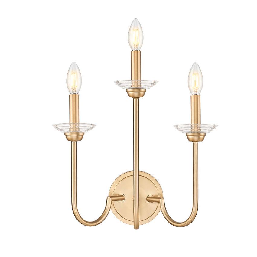 Z-Lite Allistair 3-Light Candelabra Bulb Base Modern Gold Steel Frame Clear Ribbed Glass Shade Wall Sconce