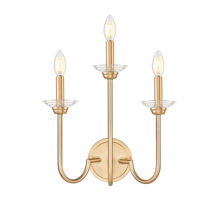 Z-Lite Allistair 3-Light Candelabra Bulb Base Modern Gold Steel Frame Clear Ribbed Glass Shade Wall Sconce