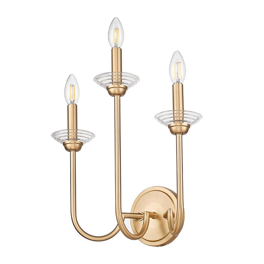 Z-Lite Allistair 3-Light Candelabra Bulb Base Modern Gold Steel Frame Clear Ribbed Glass Shade Wall Sconce