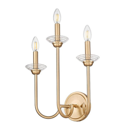 Z-Lite Allistair 3-Light Candelabra Bulb Base Modern Gold Steel Frame Clear Ribbed Glass Shade Wall Sconce