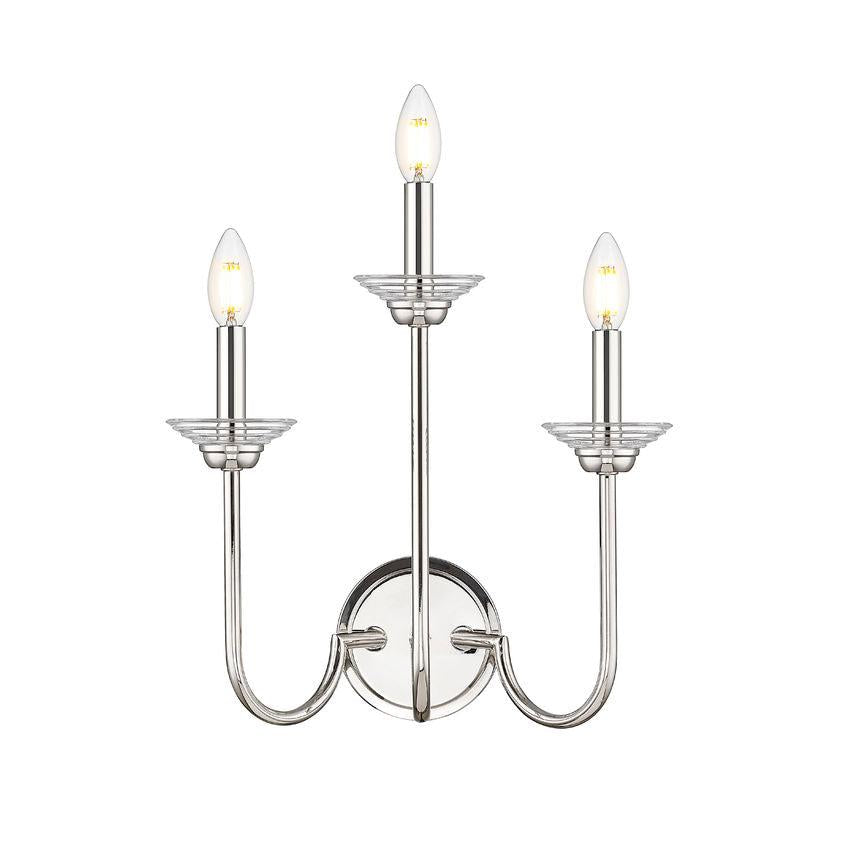 Z-Lite Allistair 3-Light Candelabra Bulb Base Polished Nickel Steel Frame Clear Ribbed Glass Shade Wall Sconce