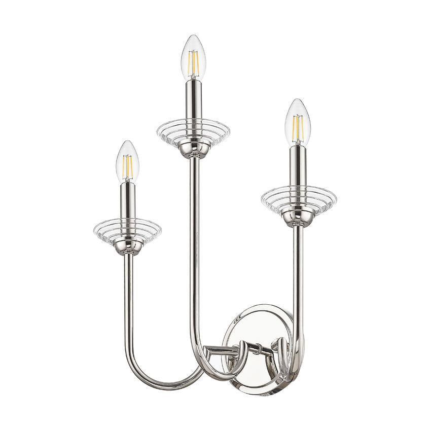 Z-Lite Allistair 3-Light Candelabra Bulb Base Polished Nickel Steel Frame Clear Ribbed Glass Shade Wall Sconce