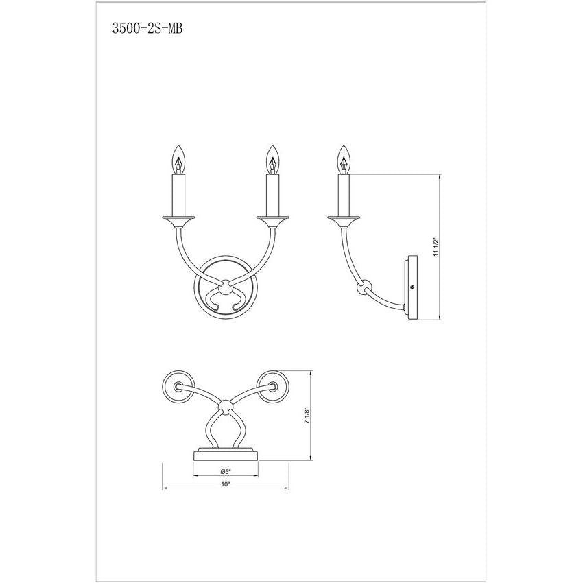Z-Lite Arabella 2-Light Candelabra Matte Black Steel Frame Wall Sconce