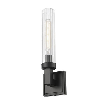 Z-Lite Beau 1-Light Matte Black Steel Frame Clear Ribbed Glass Shade Wall Sconce
