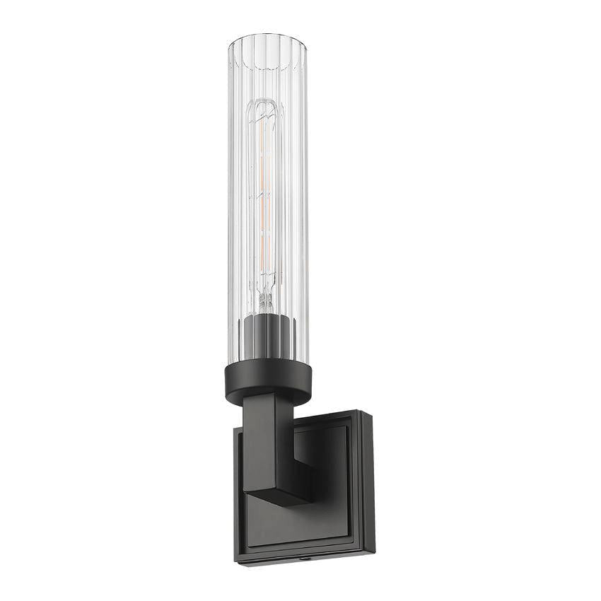 Z-Lite Beau 1-Light Matte Black Steel Frame Clear Ribbed Glass Shade Wall Sconce
