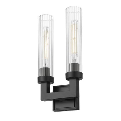 Z-Lite Beau 2-Light Matte Black Steel Frame Clear Ribbed Glass Shade Wall Sconce