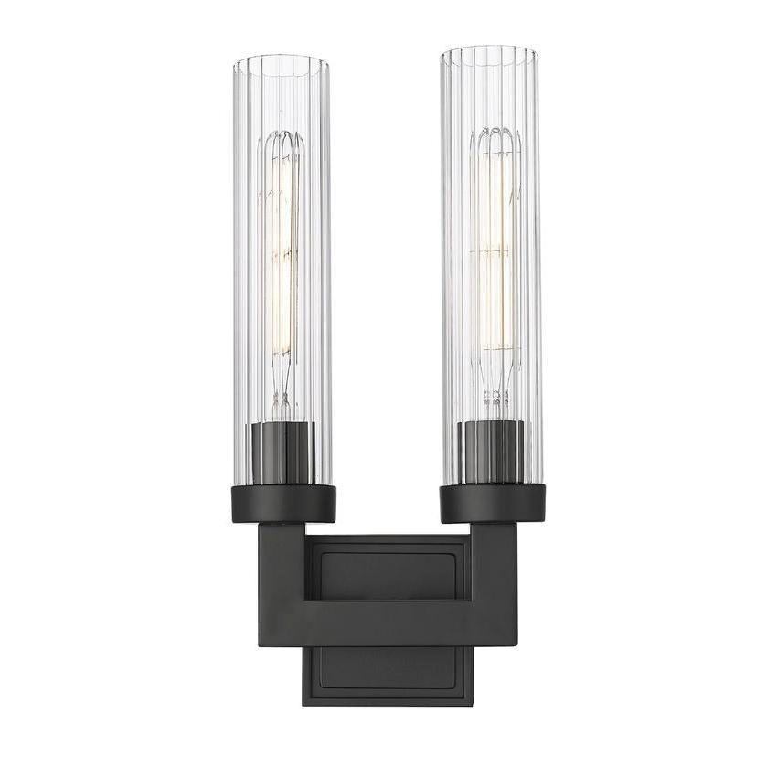 Z-Lite Beau 2-Light Matte Black Steel Frame Clear Ribbed Glass Shade Wall Sconce