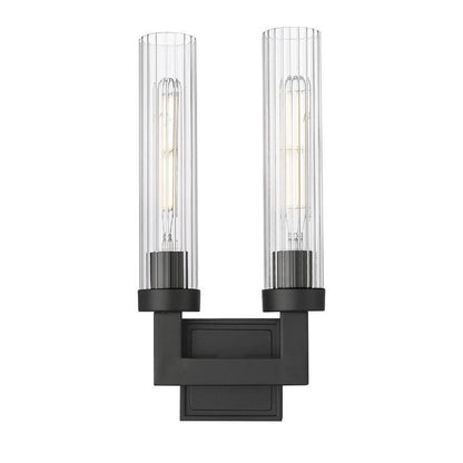 Z-Lite Beau 2-Light Matte Black Steel Frame Clear Ribbed Glass Shade Wall Sconce