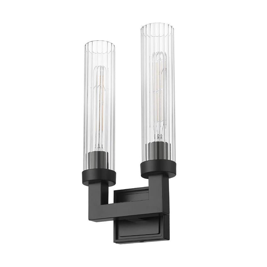 Z-Lite Beau 2-Light Matte Black Steel Frame Clear Ribbed Glass Shade Wall Sconce