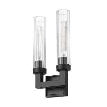 Z-Lite Beau 2-Light Matte Black Steel Frame Clear Ribbed Glass Shade Wall Sconce