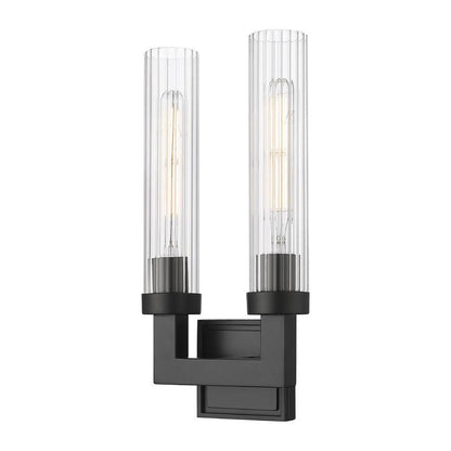Z-Lite Beau 2-Light Matte Black Steel Frame Clear Ribbed Glass Shade Wall Sconce