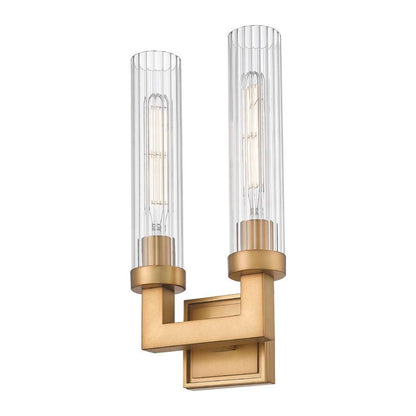 Z-Lite Beau 2-Light Rubbed Brass Steel Frame Clear Ribbed Glass Shade Wall Sconce