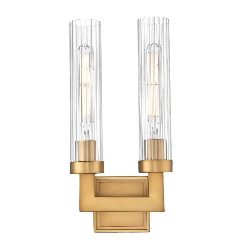 Z-Lite Beau 2-Light Rubbed Brass Steel Frame Clear Ribbed Glass Shade Wall Sconce