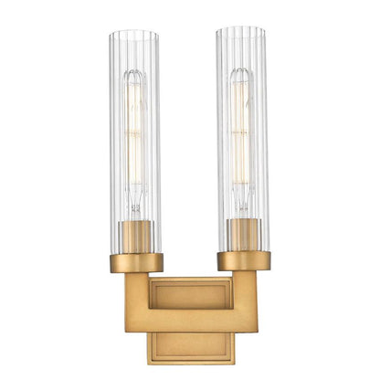 Z-Lite Beau 2-Light Rubbed Brass Steel Frame Clear Ribbed Glass Shade Wall Sconce