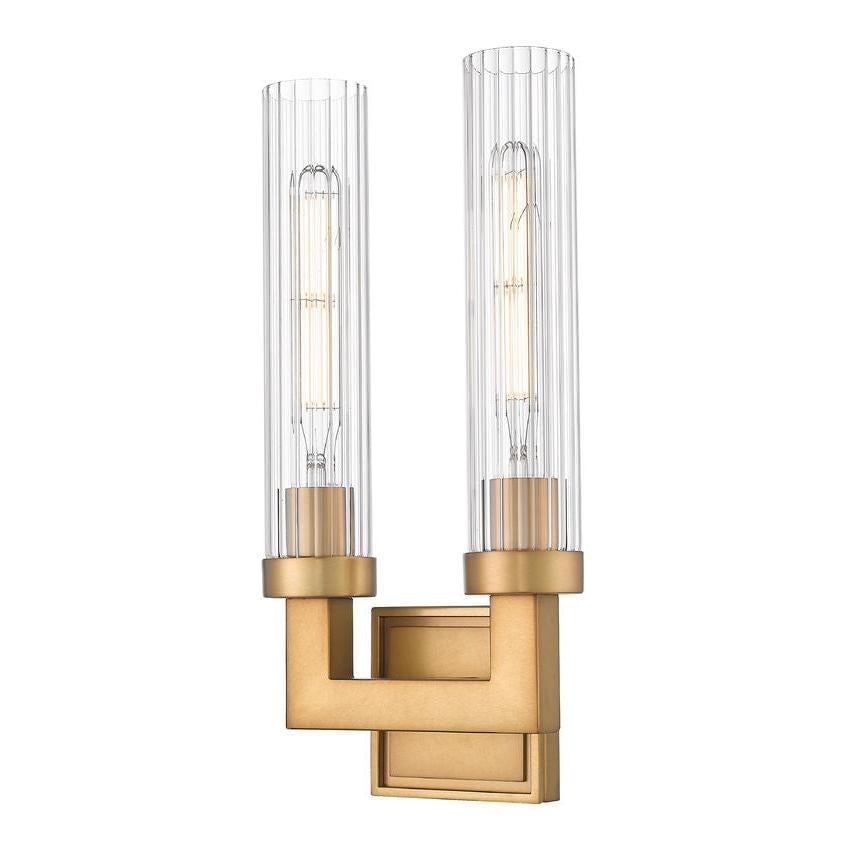 Z-Lite Beau 2-Light Rubbed Brass Steel Frame Clear Ribbed Glass Shade Wall Sconce