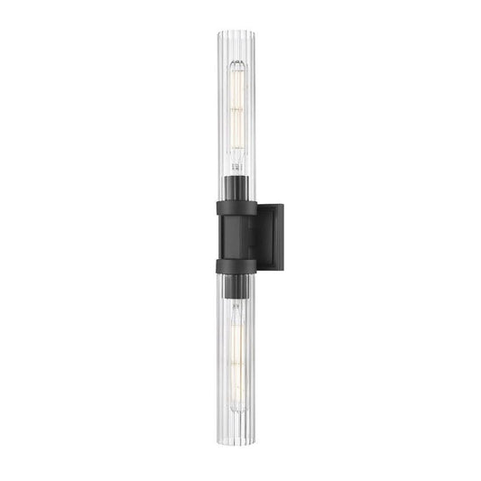 Z-Lite Beau 740-2W-MB 2-Light Matte Black Steel Frame Clear Ribbed Glass Shade Wall Sconce