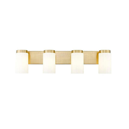 Z-Lite Burk 30" 4-Light Luxe Gold Steel Vanity Light With Gloss Opal Glass Shade