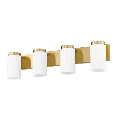 Z-Lite Burk 30" 4-Light Luxe Gold Steel Vanity Light With Gloss Opal Glass Shade