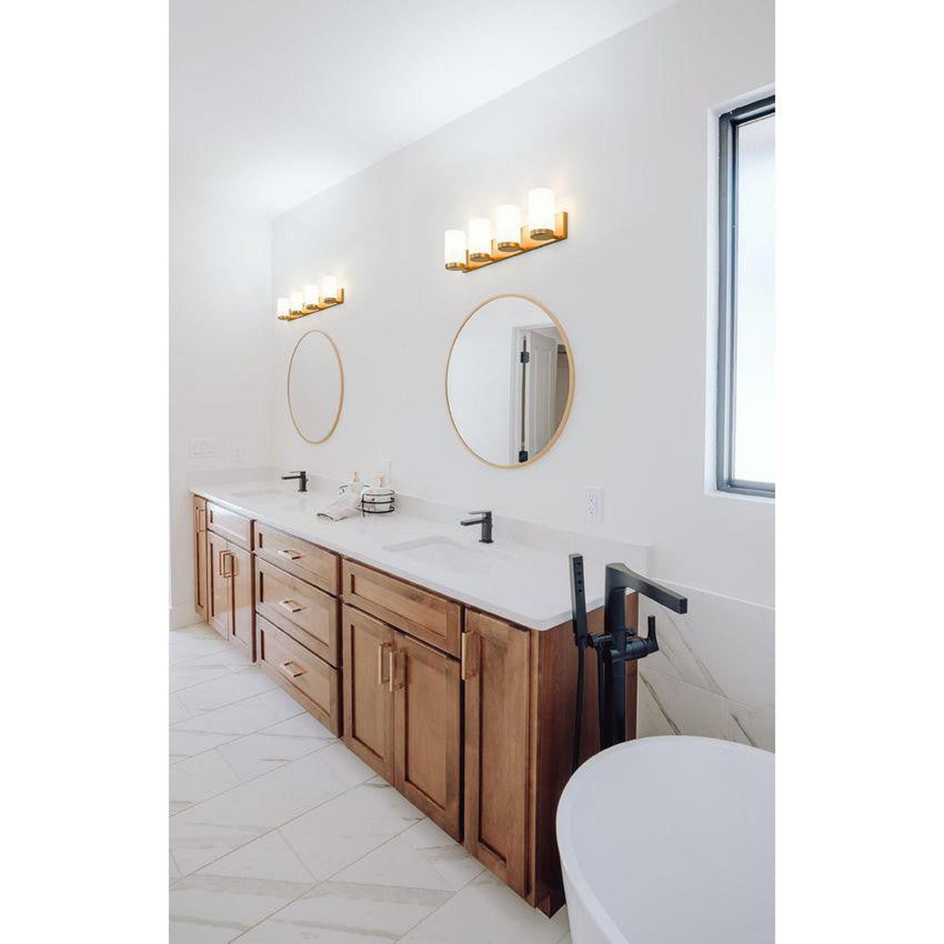 Z-Lite Burk 30" 4-Light Luxe Gold Steel Vanity Light With Gloss Opal Glass Shade