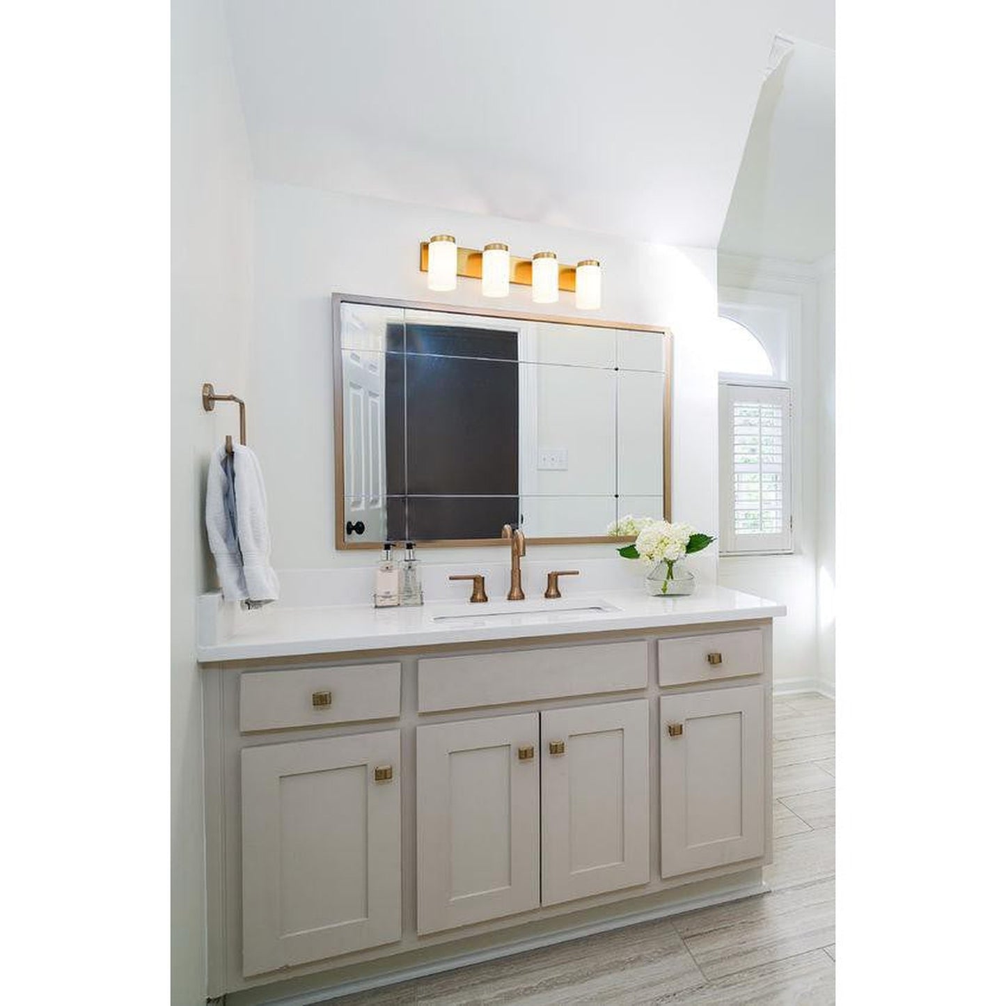 Z-Lite Burk 30" 4-Light Luxe Gold Steel Vanity Light With Gloss Opal Glass Shade