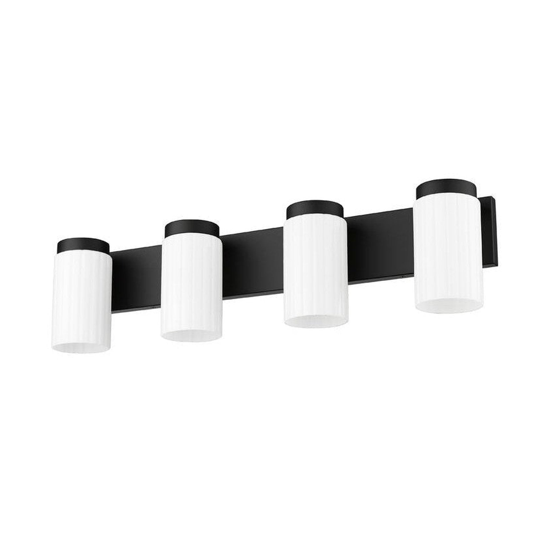 Z-Lite Burk 30" 4-Light Matte Black Steel Vanity Light With Gloss Opal Glass Shade