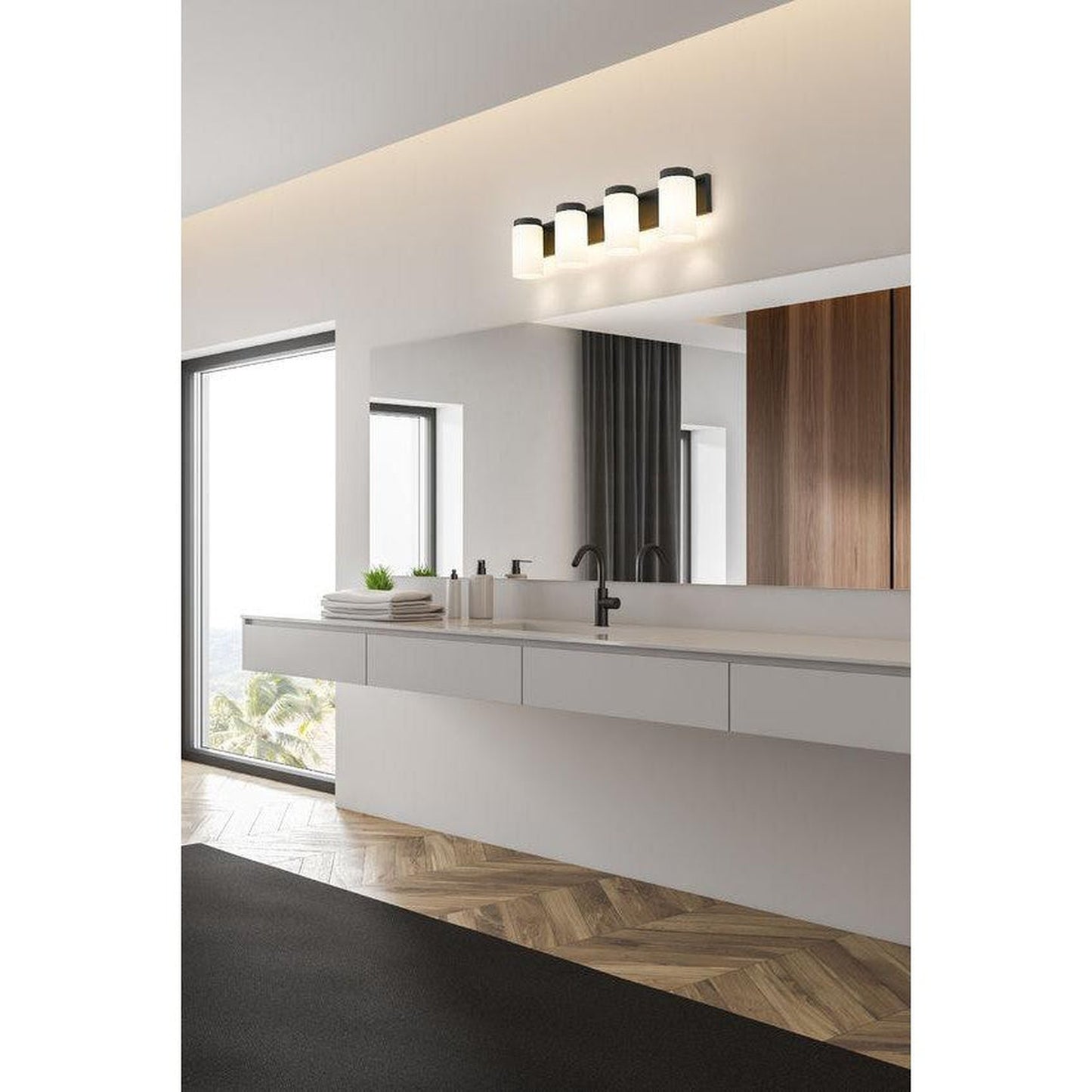 Z-Lite Burk 30" 4-Light Matte Black Steel Vanity Light With Gloss Opal Glass Shade