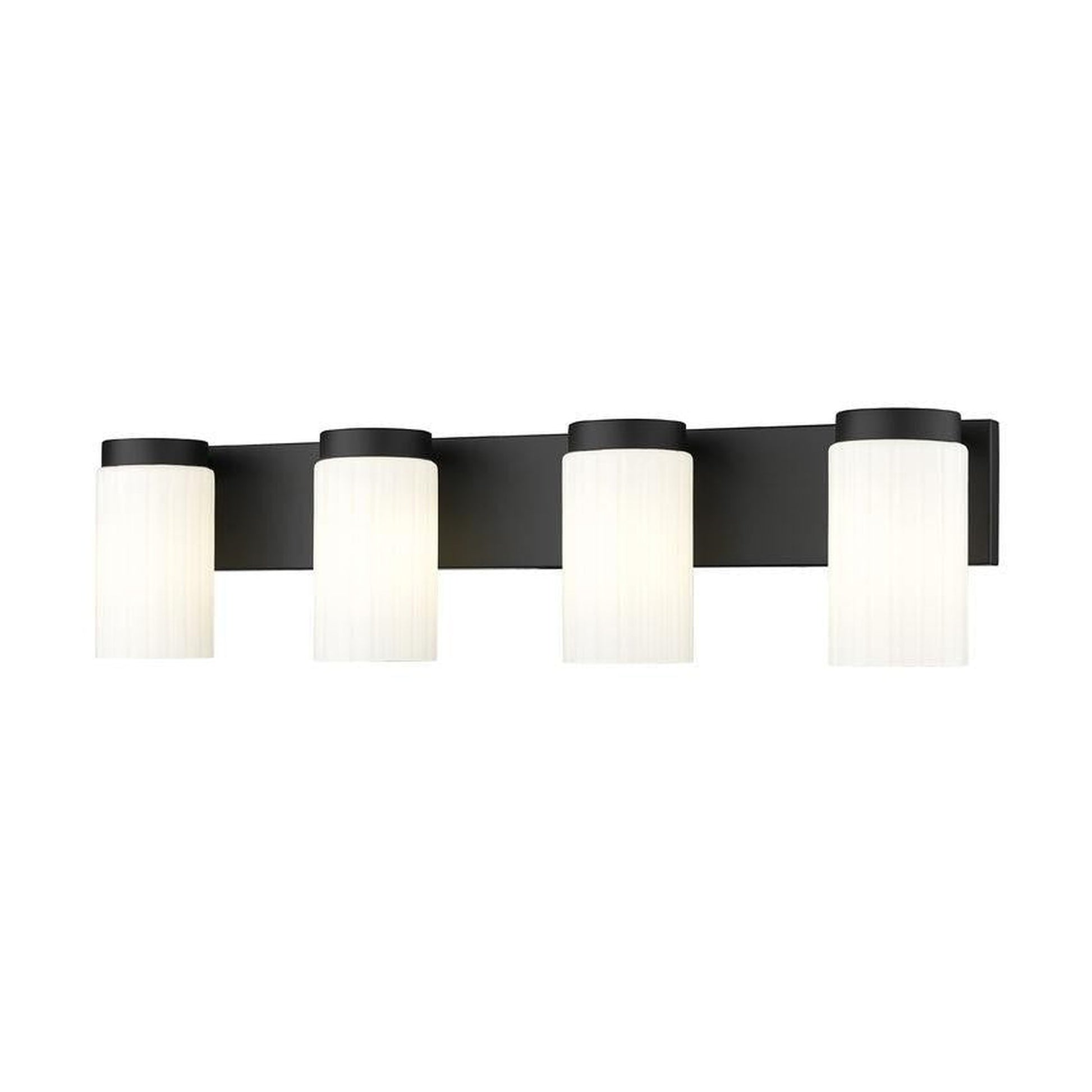Z-Lite Burk 30" 4-Light Matte Black Steel Vanity Light With Gloss Opal Glass Shade