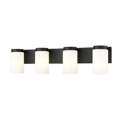 Z-Lite Burk 30" 4-Light Matte Black Steel Vanity Light With Gloss Opal Glass Shade