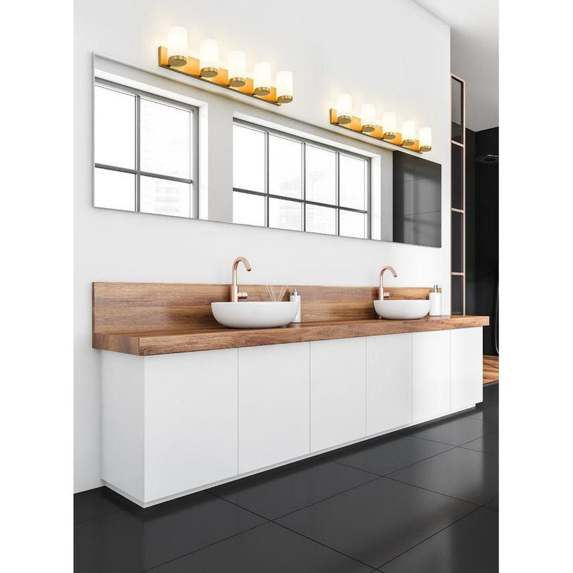 Z-Lite Burk 38" 5-Light Luxe Gold Steel Vanity Light With Gloss Opal Glass Shade