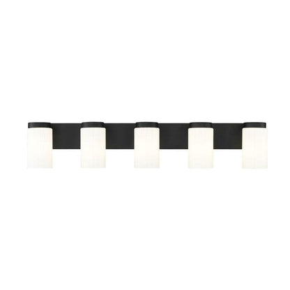 Z-Lite Burk 38" 5-Light Matte Black Steel Vanity Light With Gloss Opal Glass Shade