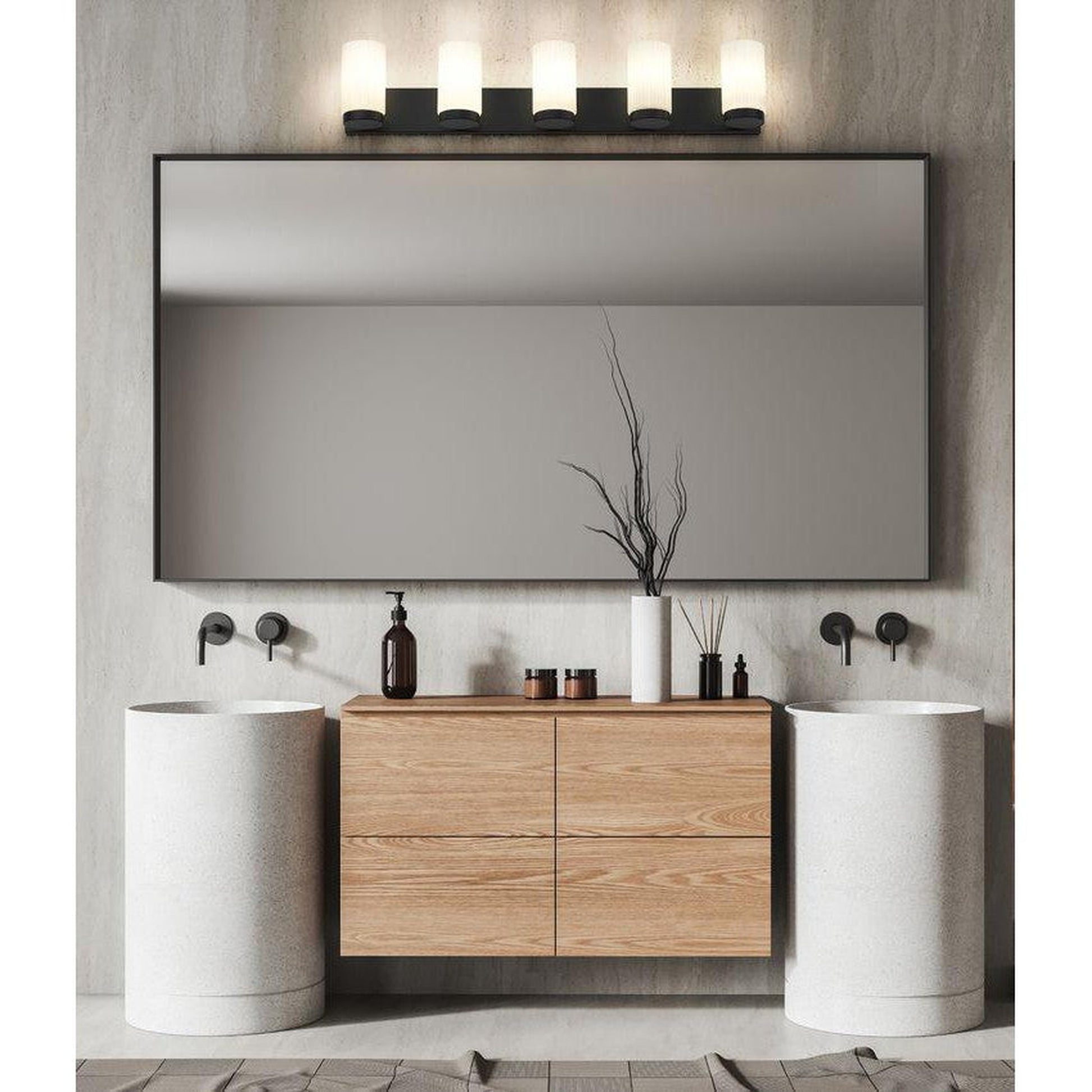 Z-Lite Burk 38" 5-Light Matte Black Steel Vanity Light With Gloss Opal Glass Shade